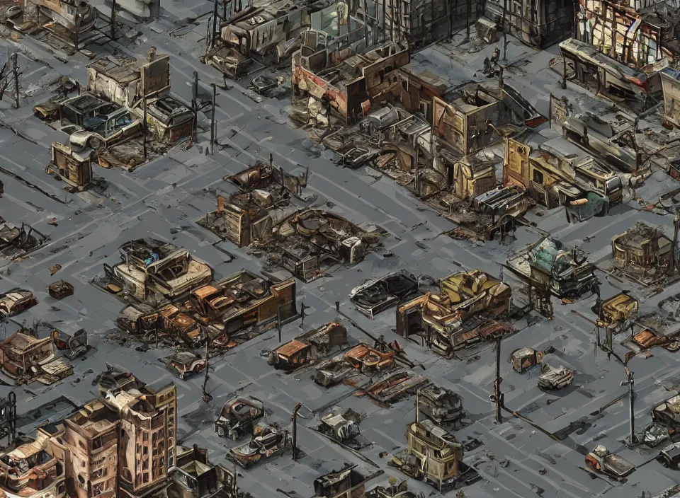 Image similar to Screenshot of a destroyed rusty modern Polish city with a road going across it in Fallout 2 (1998), isometric perspective, postapocalyptic, bird's eye view, prerendered isometric graphics, high quality