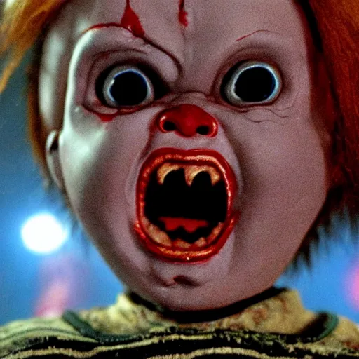 Prompt: Chucky the killer doll from the movie Child's Play surrounded by zombies in a still from the movie Dawn of the Dead 8k hdr