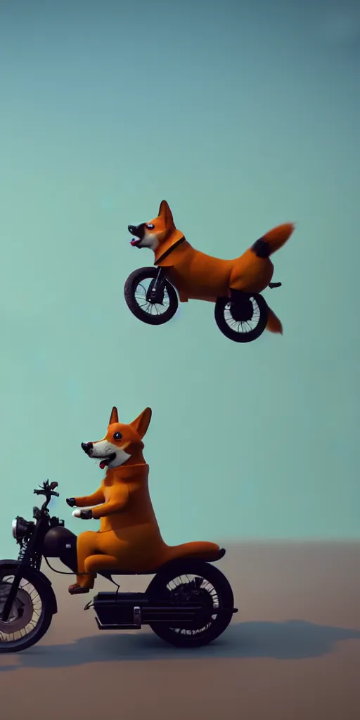 Image similar to A single cute corgi on a motorcycle, by Simon Stalenhag, unreal engine, octane render, 8k, rule of thirds