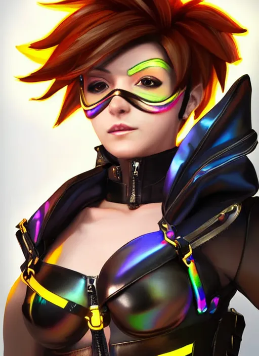 Image similar to portrait bust digital artwork of tracer overwatch, wearing iridescent rainbow latex and leather straps catsuit outfit, expressive face, makeup, in style of mark arian, angel wings, wearing detailed leather collar, chains, black leather harness, detailed face and eyes,