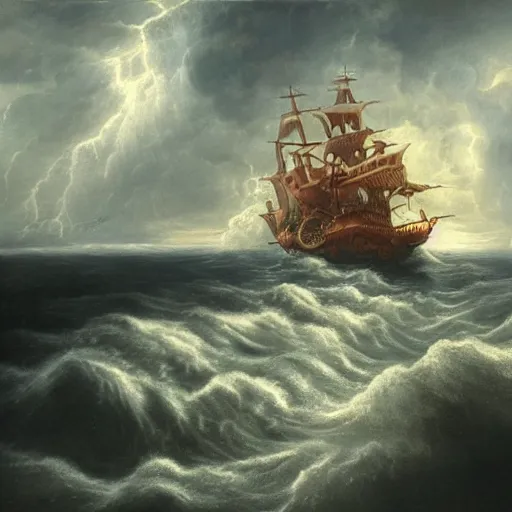 Image similar to a highly detailed hyperrealistic scene of a ship being attacked by giant squid tentacles, jellyfish, squid attack, dark, voluminous clouds, thunder, stormy seas, pirate ship, dark, high contrast, giant sea monster attacking from the clouds