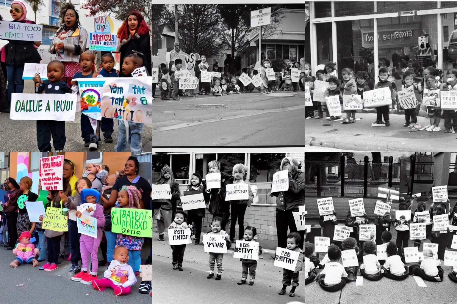 Image similar to babies protesting in front of a daycare center