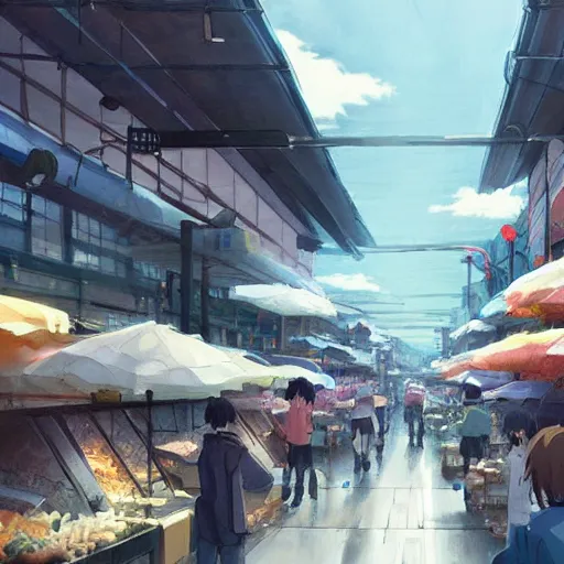 Prompt: The Wet Market at Tokyo Port, Anime concept art by Makoto Shinkai