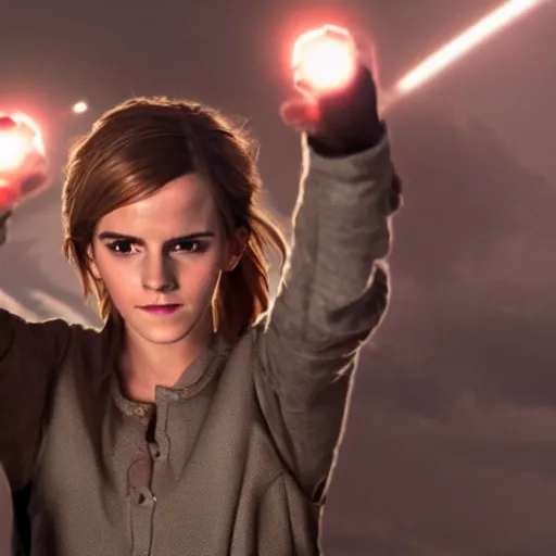 Image similar to photo of emma watson holding bright energetic thunderbolts in her hands. cinematic