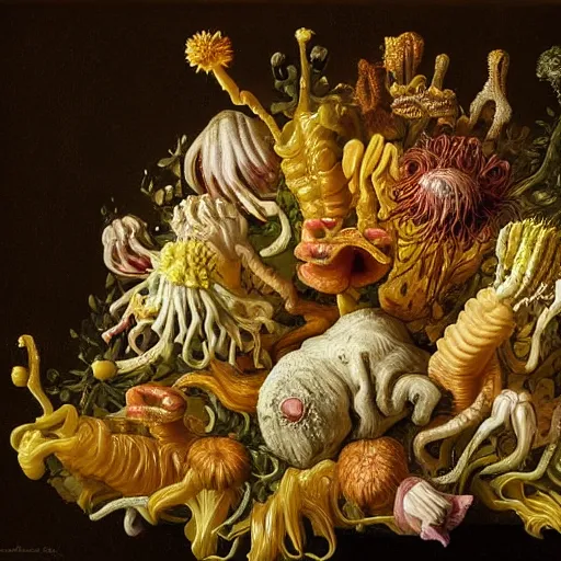 Prompt: disgusting disturbing dutch golden age bizarre mutant flower floral still life with many human toes very detailed fungus disturbing tendrils bizarre slimy forms sprouting up everywhere by rachel ruysch black background chiaroscuro dramatic lighting perfect composition high definition 8 k 1 0 8 0 p