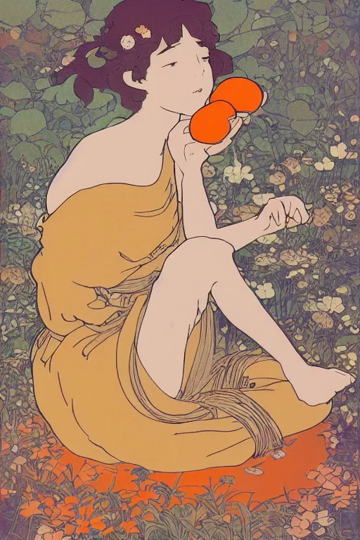 Image similar to a Girl in a sitting on the ground and Hands on knees and Slices of orange and microphones float around her ,Visual Communication Design by studio ghibli and mucha ,Refreshing colour