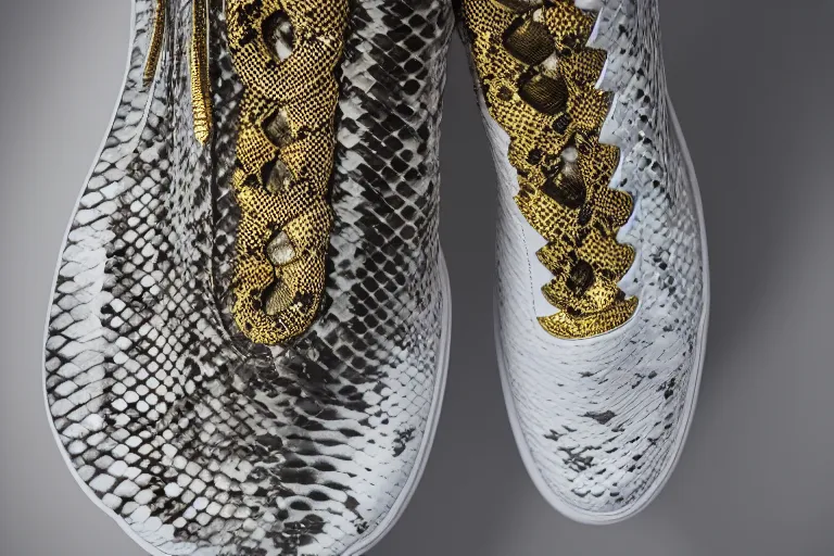 Image similar to one snakeskin hightop sneaker on a white surface, neon illuminated sole, clean 3 d render, beautiful studio lighting, soft, sharp focus, intricate detail, gold filigree, art by iris van herpen