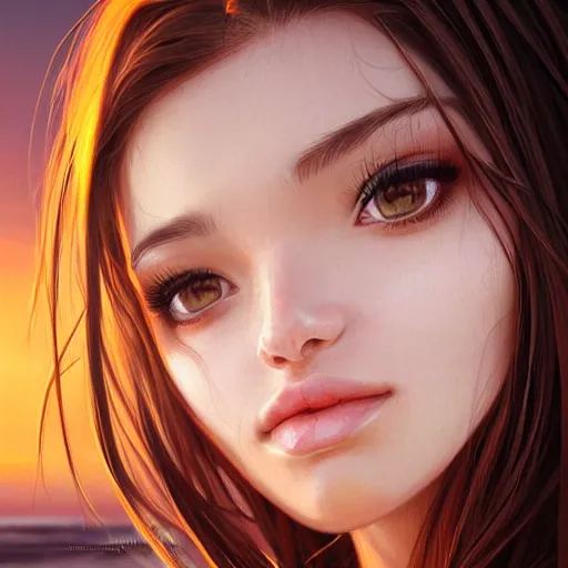 Prompt: portrait of beautiful woman on the beach, brown eyes, symmetrical face, sunset, highly detailed, photorealistic, by wlop, rossdraws, artgerm.