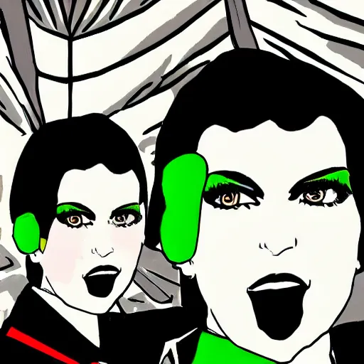 Prompt: brunette woman, short hair, flipped out hair, bright green eyes, black fascist uniform, smirk, cartoon style