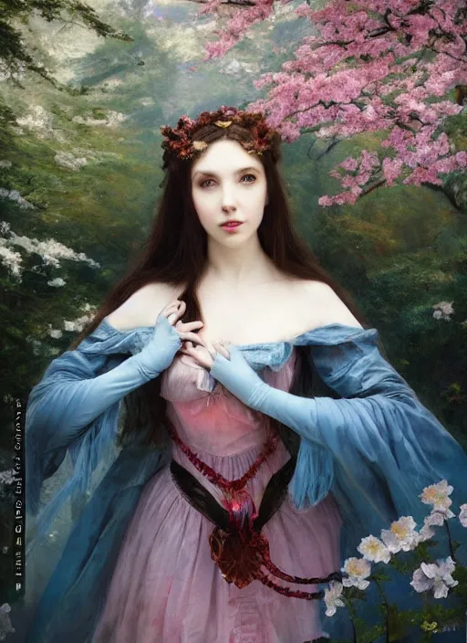 Image similar to Amouranth as an evil princess by Frederick Edwin Church and James Jean, rule of thirds, seductive look, beautiful, in Harajuku Japan during sakura season, masterpiece, Refined