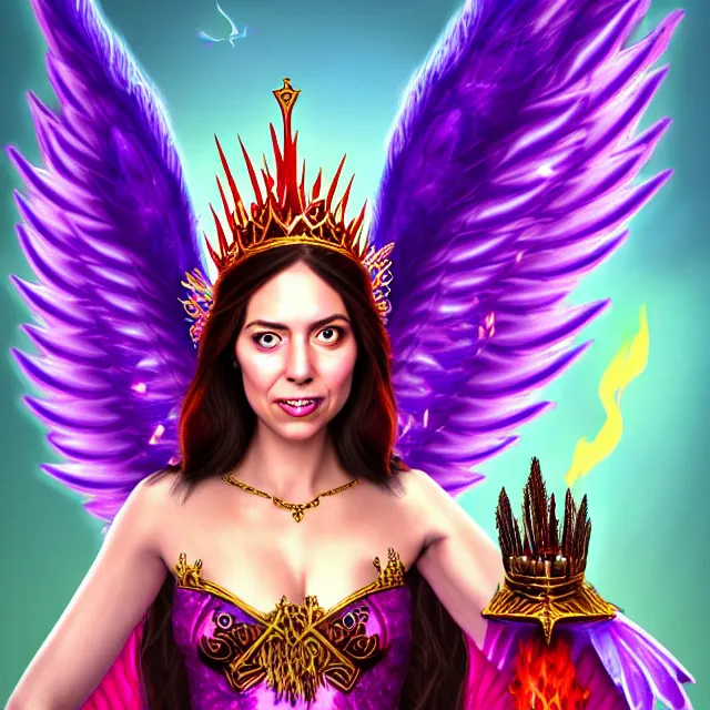 Image similar to Princess sorceress with red flaming bird wings on her back and sitting on an ornate throne dressed in a fancy purple dress, beautiful realistic face similar to aubrey plaza, Fantasy, Full Portrait, High detail, realistic, planeswalker