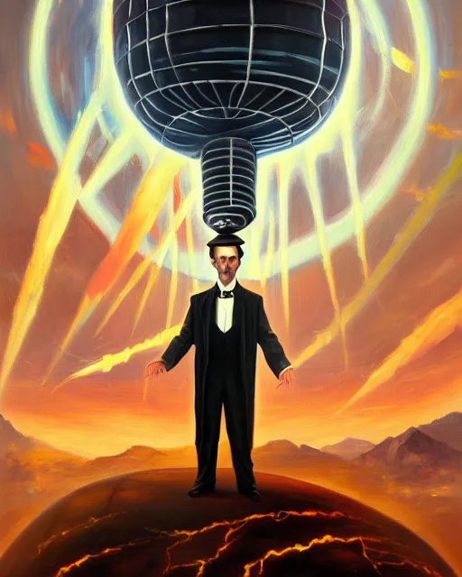 Image similar to an amazing oil painting of Nikola Tesla as a supervillain flying over a vast landscape with electric superpowers electrifying the world with his new giant tesla coil doom machine, sci-fi steampunk concept art, trending on artstation, HD, 4k, 8k