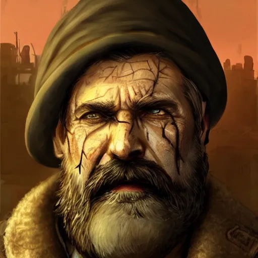 Prompt: centered detailed portrait of an old smuggler with a huge beard:: post apocalyptic, Fallout style, destroyed city on background::old grunge skin, scars, mutation::realistic character concept, identical eyes, gazing eyes, beautiful eyes medium shot, elegant pose, fantasy, illustration, slender symmetrical face and body, artstation, cinematic lighting, hyperdetailed, cgsociety, 8k Resolution, high resolution, Charlie Bowater, Tom Bagshaw, Tom Richmond, single face, insanely detailed and intricate, beautiful, elegant, golden ratio, vfx, psychedelic