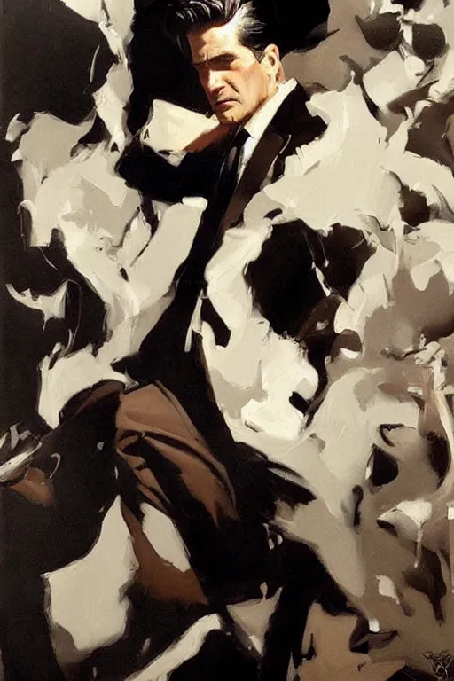 Image similar to coffee, dale cooper drowning in coffee, waves of black liquid, painting by jc leyendecker! phil hale!, lynchian!!!! ominious, dark lighting, angular, brush strokes, painterly, vintage, crisp