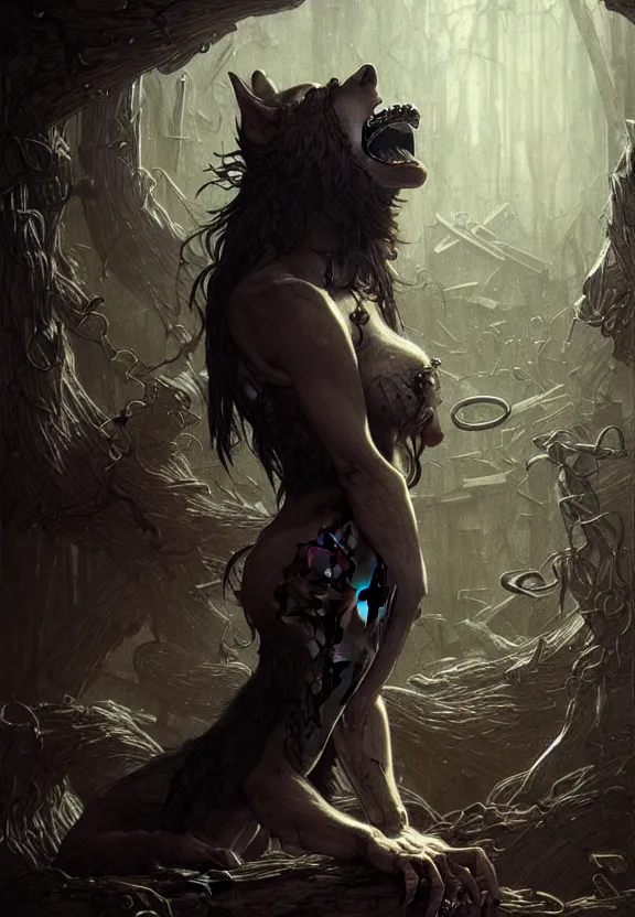 Image similar to Mostrous werewolf chained at a spooky old attic, fantasy magic, dark light night, intricate, elegant, sharp focus, illustration, highly detailed, digital painting, concept art, matte, art by WLOP and Artgerm and Greg Rutkowski and Alphonse Mucha, masterpiece