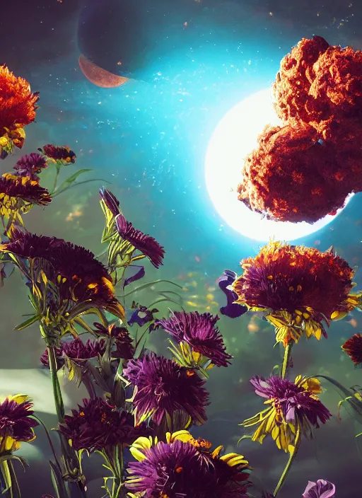 Image similar to An epic fantastic realism comic book style painting of the most beautiful flowers launched into space, bouquets, solar eclipse, fisheye, unreal 5, DAZ, hyperrealistic, octane render, dynamic lighting