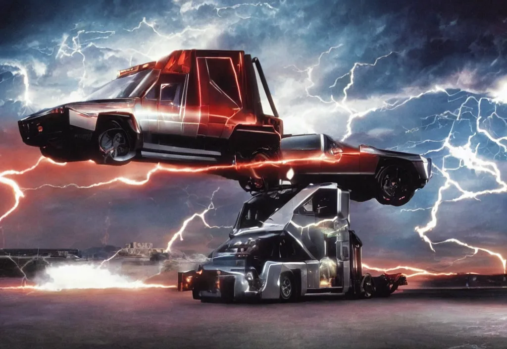 Image similar to a tesla cybertruck on the movie back to the future 2, reaching 8 8 mph, movie still, 4 k, movie grain, remastered, cinema, dramatic illumination, detailed, real,