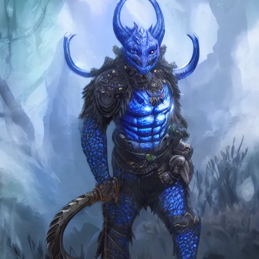 Image similar to A dragonborn with blue scales in a rainforest, trending on artstation, digital art