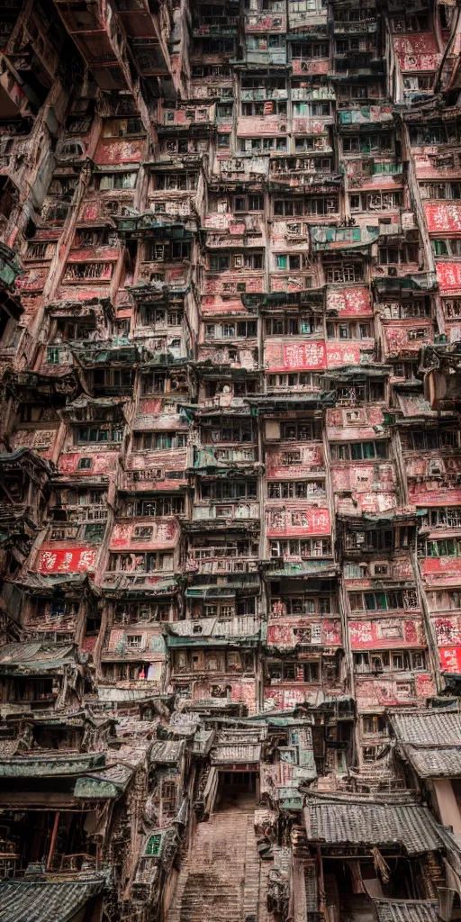 Image similar to an interior view of Kowloon walled city in Hong Kong, very detailed, photoreal, 8k, canon 20mm lens