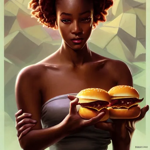 Image similar to portrait of destiny dixon eating hamburgers, extra onions and ketchup, luscious patty with sesame seeds, feminine ethereal, handsome, D&D, fantasy, intricate, elegant, highly detailed, digital painting, artstation, concept art, matte, sharp focus, illustration, art by Artgerm and Greg Rutkowski and Alphonse Mucha