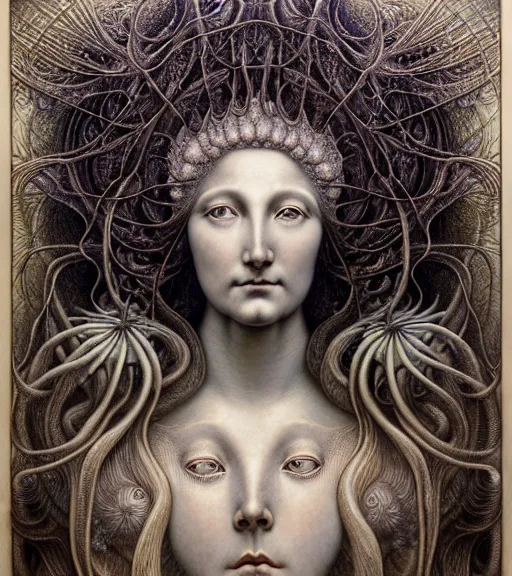 Image similar to detailed realistic beautiful scallop goddess face portrait by jean delville, gustave dore, iris van herpen and marco mazzoni, art forms of nature by ernst haeckel, art nouveau, symbolist, visionary, gothic, neo - gothic, pre - raphaelite, fractal lace, intricate alien botanicals, ai biodiversity, surreality, hyperdetailed ultrasharp octane render