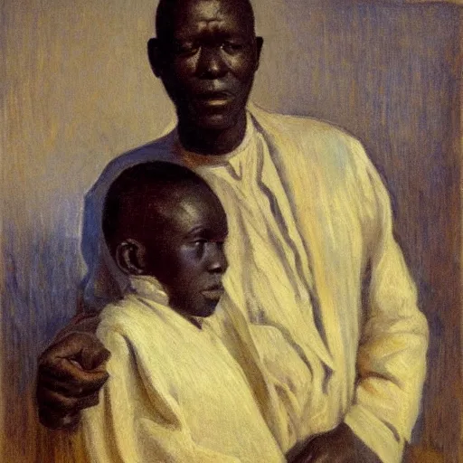Image similar to a painting of a elegant well fed elder with few eyebrows and his son from Kenya by Henry Ossawa Tanner . thinker without facial hair, thoughtful, focused, visionary, calm, jovial, loving, fatherly, generous, . dramatic angle, ethereal lights, details, smooth, sharp focus, illustration, realistic, cinematic, artstation, award winning, rgb , unreal engine, octane render, cinematic light, macro, depth of field, blur, red light and clouds from the back, highly detailed epic cinematic concept art CG render made in Maya, Blender and Photoshop, octane render, excellent composition, dynamic dramatic cinematic lighting, aesthetic, very inspirational, arthouse.