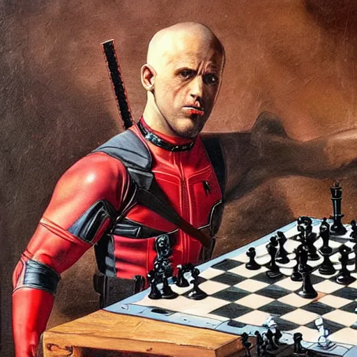 Image similar to deadpool playing chess looking wise, rococo oil painting, highly detailed