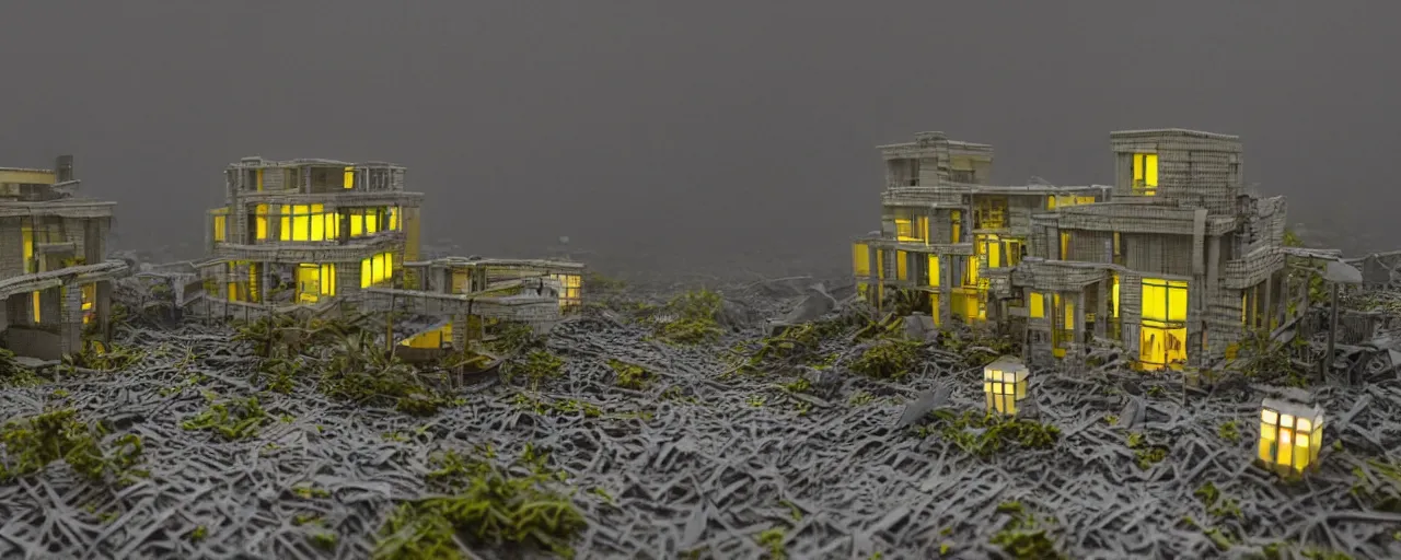 Prompt: mega detailed miniature voxel diorama abandoned research facility, brutalism architecture, tilt shift suburban, hard lights are on in the windows, dark night, fog, winter, blizzard, uncozy and not peaceful atmosphere, row of street lamps with cold yellow light, several ruins nearby, cold war era 1 9 6 0