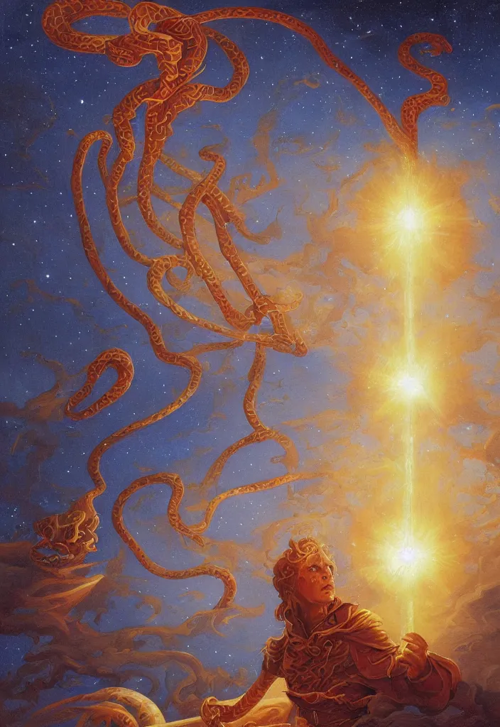 Prompt: the sun, suspended on a hanging sword, caught between red and blue intertwined snakes, night sky is filled with 1 3 bright stars, a rainbow in the distance, the ground covered in quartz crystal growths, tarot, wiccan, magic, dynamic lighting, emotional, hyper detailed, art by christophe vacher, 8 k