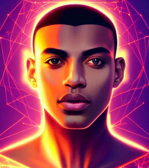 Image similar to symmetry!! egyptian prince of technology, solid cube of light, hard edges, product render retro - futuristic poster scifi, lasers and neon circuits, brown skin man egyptian prince, intricate, elegant, highly detailed, digital painting, artstation, concept art, smooth, sharp focus, illustration, dreamlike, art by artgerm