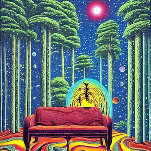 Prompt: psychedelic trippy water pine forest, planets, milky way, sofa, cartoon by rob gonsalves