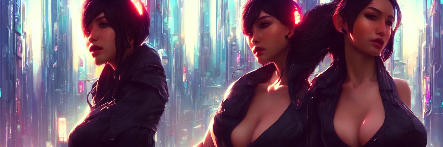 Image similar to portrait of a sensual female humanoid in a cyberpunk cityscape, half body cropping, elegant glamor pose, perfect anatomy, bokeh, hyper photorealistic, crispy quality, digital photography, art by pascal blanche, art by artgerm, art by greg rutkowski,