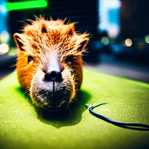 Image similar to cute capybara eating a neon nvidia gpu, chewing on a video card, cooling fans, cyberpunk, wildlife photography, bokeh, sharp focus, 3 5 mm, taken by sony a 7 r, 4 k, award winning