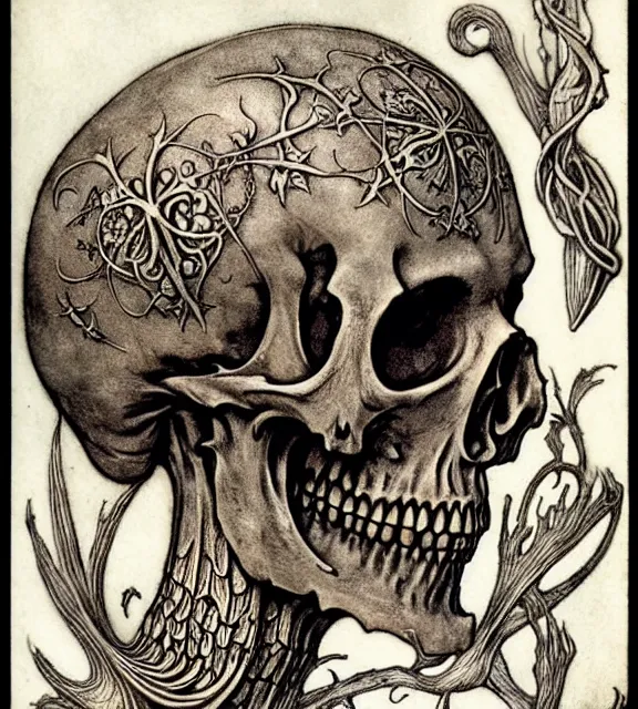 Image similar to memento mori by arthur rackham, art forms of nature by ernst haeckel, exquisitely detailed, art nouveau, gothic, ornately carved beautiful skull dominant, intricately carved antique bone, art nouveau botanicals, ornamental bone carvings, art forms of nature by ernst haeckel, horizontal symmetry, arthur rackham, ernst haeckel, symbolist, visionary