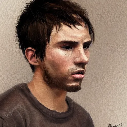 Image similar to Portrait of a man by Greg Rutkowski, he is about 20 years old, mixture between french and spanish, short brown hair with bangs, manly, attractive, wide forehead, sturdy, he is horrified but resigned looking at the computer screen knowing the schedule for the second semester, he is wearing a black t-shirt, highly detailed portrait, dystopian, digital painting, artstation, concept art, smooth, sharp foccus ilustration, Artstation HQ