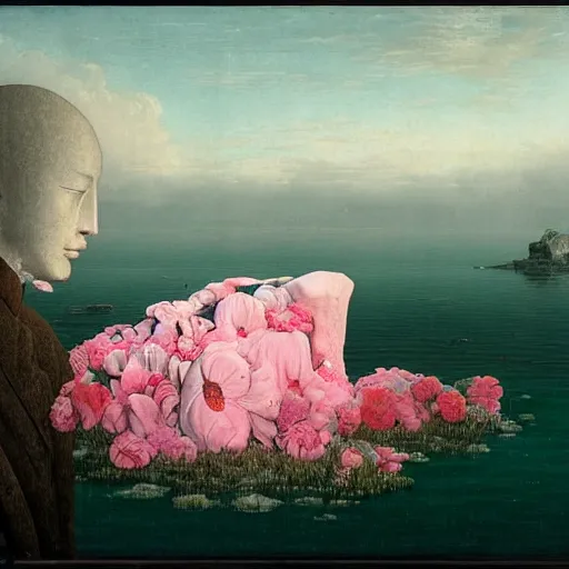 Prompt: David Friedrich, award winning masterpiece with incredible details, Zhang Kechun, a surreal vaporwave vaporwave vaporwave vaporwave vaporwave painting by Thomas Cole of an old pink mannequin head with flowers growing out, sinking underwater, highly detailed