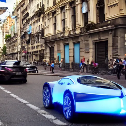 Image similar to Buenos Aires Argentina, futuristic cars in the street, holograms in the street, detailed, hd