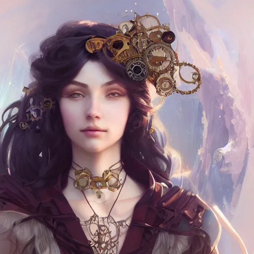 Image similar to photograpic portrait of a pretty woman, steampunk, fantasy, intricate, elegant, highly detailed, digital painting, artstation, concept art, smooth, sharp focus, illustration, art by artgerm and greg rutkowski and alphonse mucha