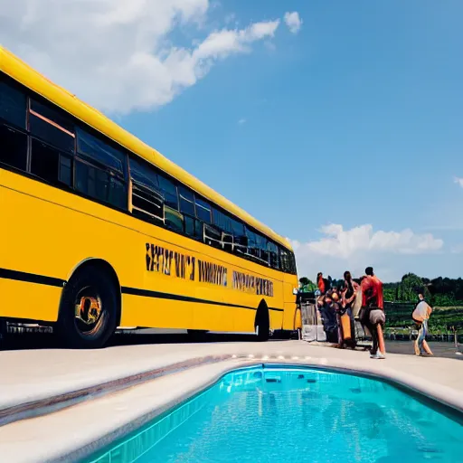 Image similar to A yellow bus, on top of the bus there is a pool and barbecue filled with people having a party, photograph