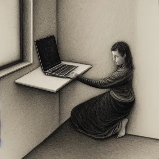 Image similar to highly detailed charcoal drawing of woman sitting on the carpeted floor beside a bed, working on her laptop by aron wiesenfeld