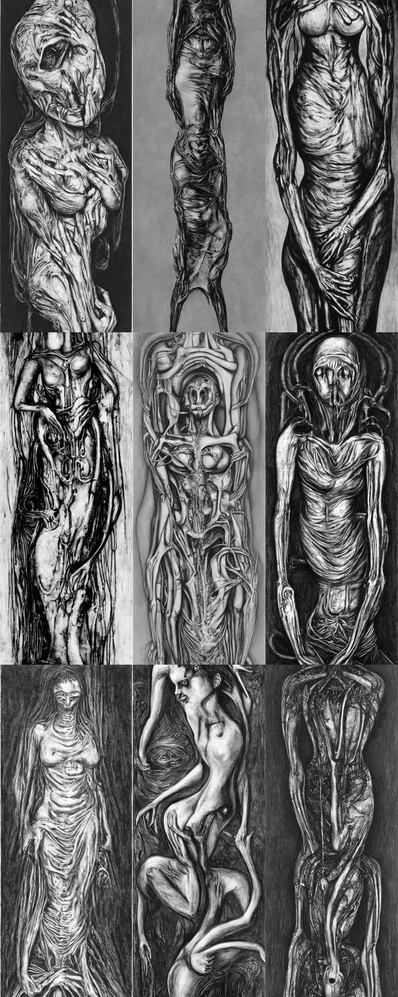 Prompt: A woman by H. R. Giger, black and white