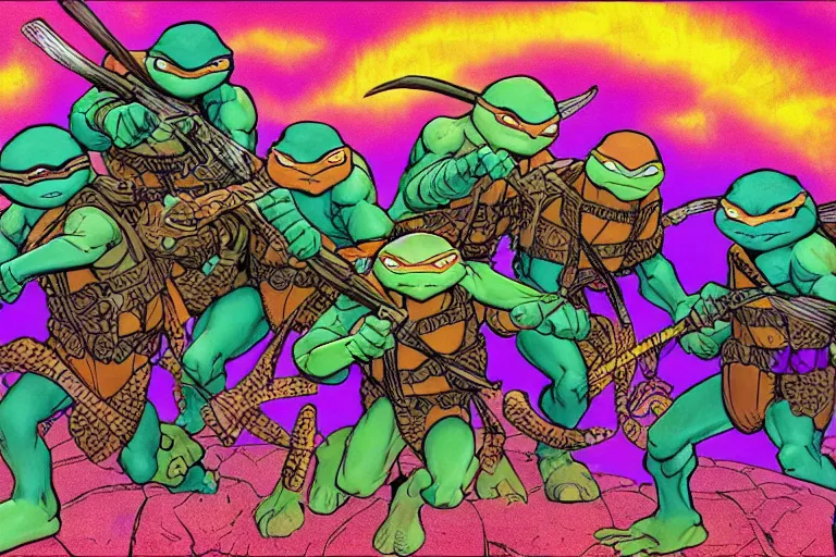 Prompt: caravan of teenage mutant ninja turtles traveling through a psychedelic landscape, in the style of Greg Broadmore and Arthur Rackham and Moebius, trending on artstation, light lighting side view,digital art,surrealism ,macro,blueprint ,vaporwave ,