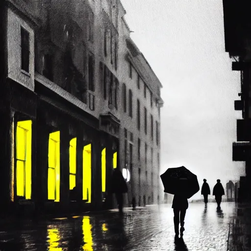 Image similar to A dramatic portrait painting of a man wearing yellow rain coat , holding red umbrella , walking in a black and white street . Cinematic lighting