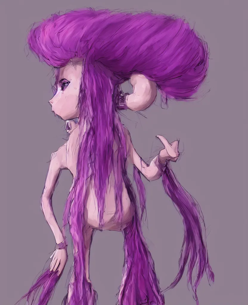 Image similar to little girl with eccentric pink hair wearing a dress made of purple fur, anatomically perfect, concept art, smooth