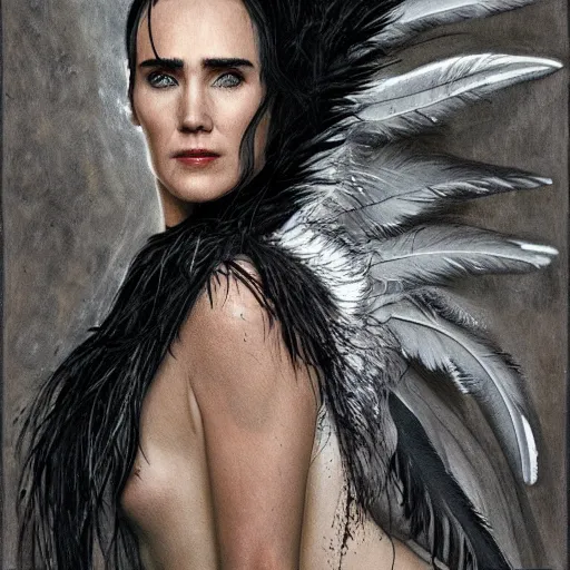 Image similar to jennifer connelly as alien bird - woman, gray skin, wearing black hooded cloak, huge wings, black feathers instead of hair, black feathers growing out of skin, bumpy skin, screaming, losing control, black feathers growing out of face, black hands with black claws, comic book, giger, mucha, trending on artstation