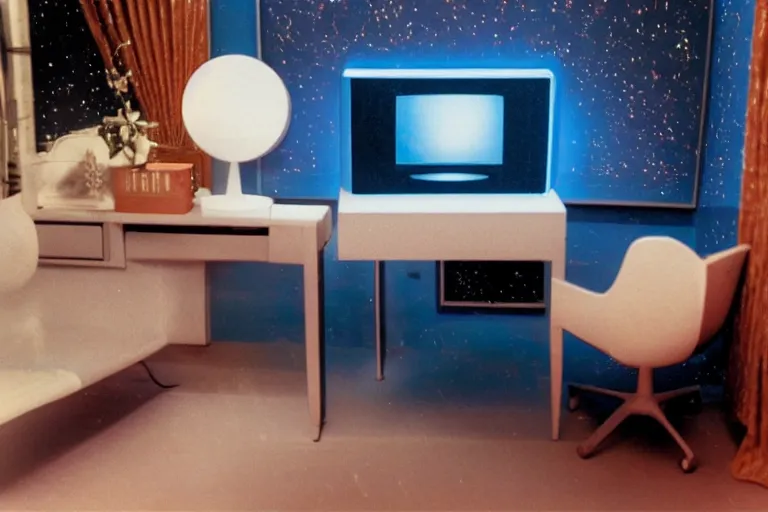 Prompt: an extremely realistic life-sized computer mainframe made of porcelain, beautiful model made of plastic sitting on a starry blue couch, from 1985, bathed in the glow of a crt television, low-light photograph