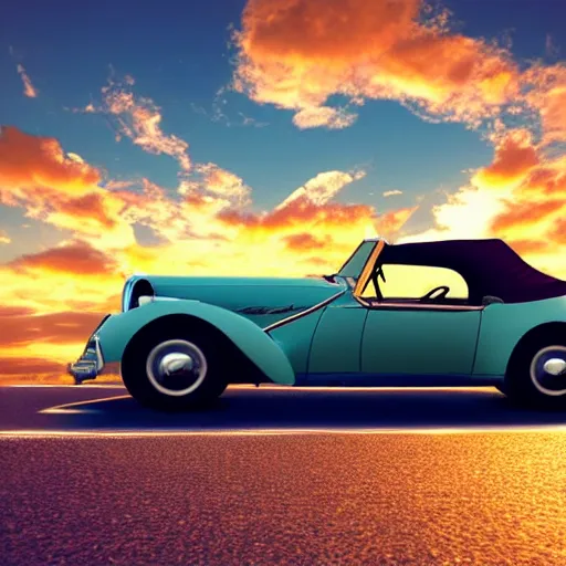 Image similar to cat cruising in a cabriolet, golden hour, front top side view, golden ratio, idyllic setting