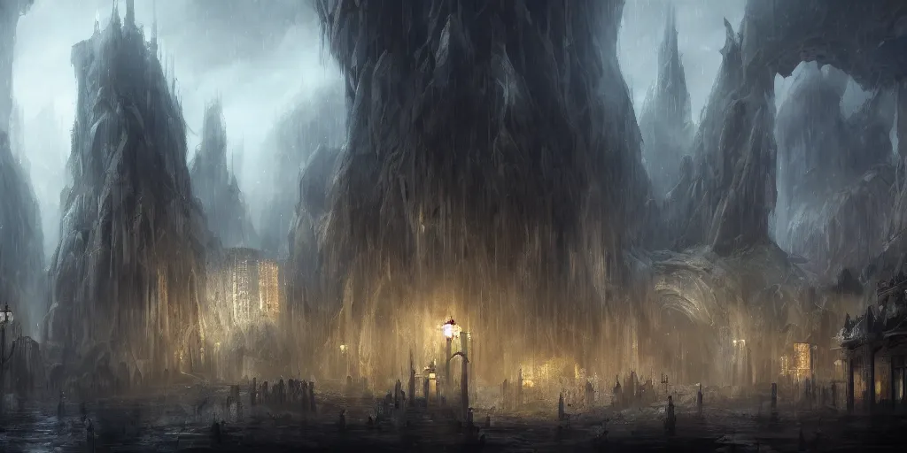 Prompt: a fantasy city built within a vast cave, sleek glass buildings, elegant walkways between towers, illustration, raining, dark and moody lighting, digital art, oil painting, fantasy, 8 k, trending on artstation, detailed