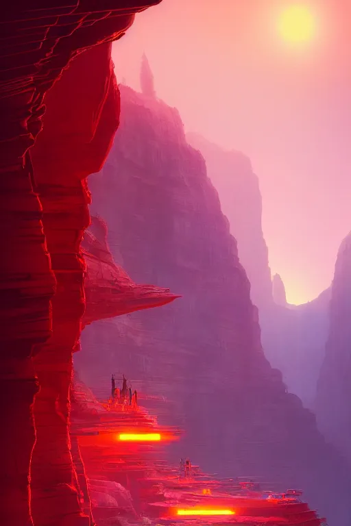 Prompt: futuristic red glowing temple overlooking a canyon, shooting stars, dramatic lighting, artstation, matte painting, ralph mcquarrie, simon stalenhag