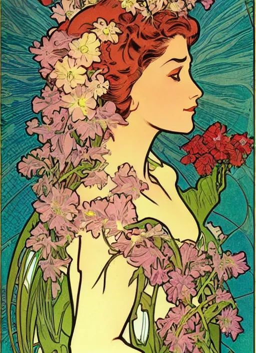 Image similar to a beautiful young woman. she is a flower fairy. well composed, clean elegant painting, beautiful detailed face. retro comic book art by steve ditko and jack kirby and ( alphonse mucha )